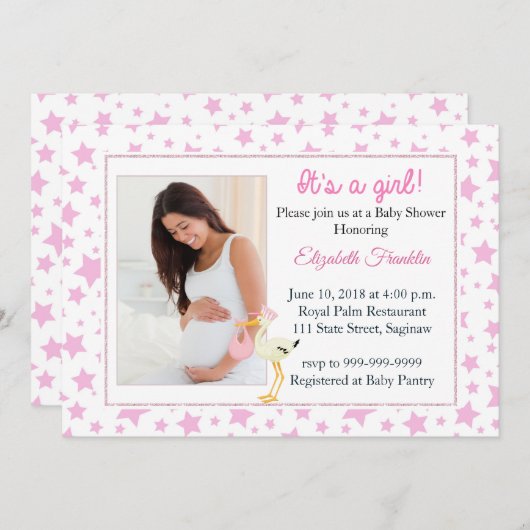Roze Star Foto Het is een Girl Baby shower Uitnodi Kaart (Voorkant / Achterkant)