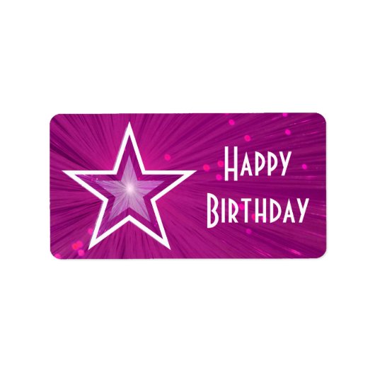 Roze Star Happy Birthday-label medium witte tekst Etiket (Voorkant)