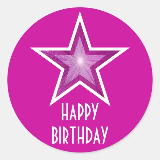 Roze Star 'Happy Birthday' ronde sticker roze (Voorkant)