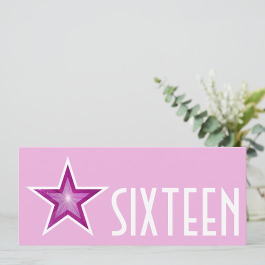 Roze Star 'SIXTEEN' roze witte langwerpige Kaart (Staand voorkant)