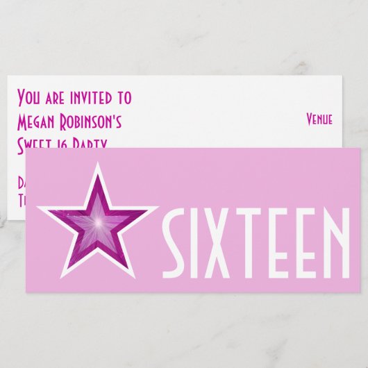 Roze Star 'SIXTEEN' roze witte langwerpige Kaart (Voorkant / Achterkant)