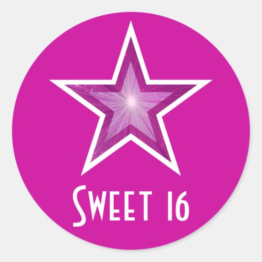 Roze Star 'Sweet 16' ronde sticker roze (Voorkant)