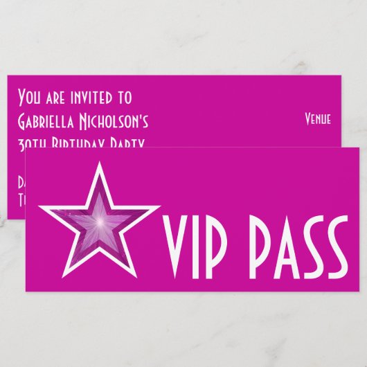 Roze Star 'VIP PASS'-uitnodiging roze lang Kaart (Voorkant / Achterkant)