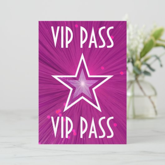 Roze Star 'VIP PASS'-uitnodiging wit Kaart (Staand voorkant)
