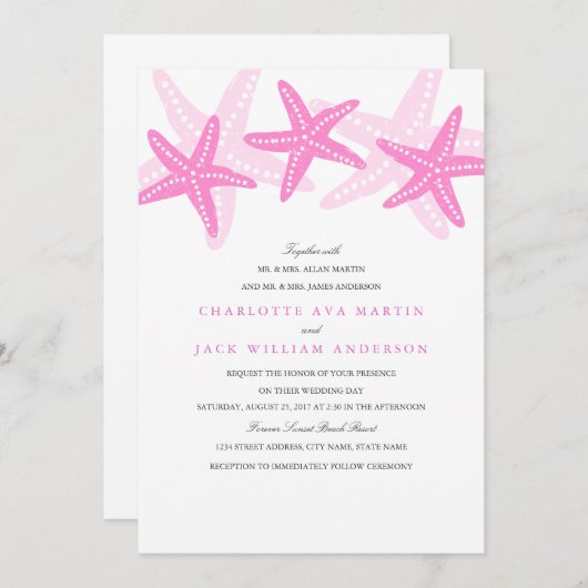 Roze Starfish Beach bruiloft uitnodiging (Voorkant / Achterkant)