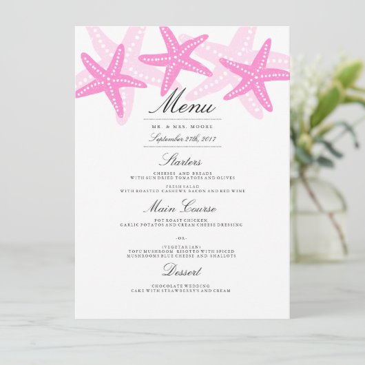 Roze Starfish Strand Wedding Dinner Menu (Staand voorkant)