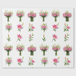 Roze Stargazer Lelie Vaas Boeket Botanisch Cadeaupapier