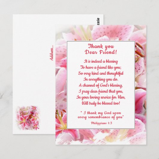 Roze Stargazer-lelies Dank je wel Christelijke vri Briefkaart (Voorkant / Achterkant)