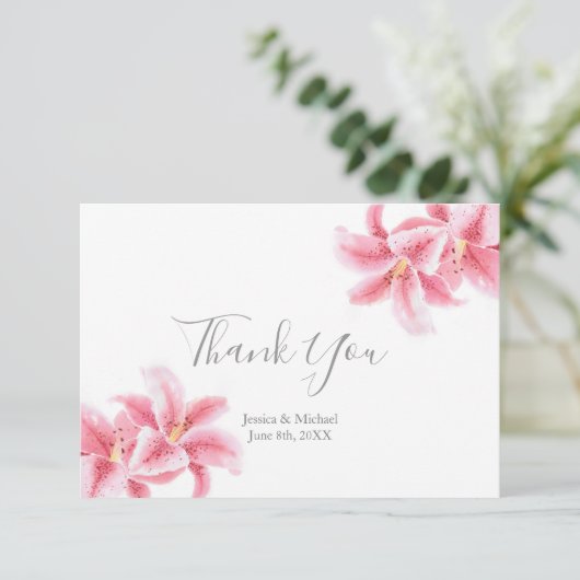 Roze Stargazer Lilies Bedankkaart (Staand voorkant)