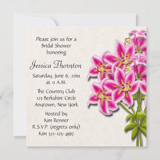 Roze Stargazer Lilies Bridal Shower Invitation Kaart (Voorkant)