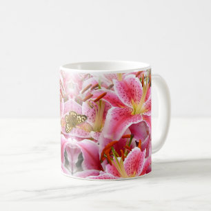 Roze Stargazer Lilies en Butterfly Koffiemok