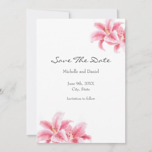 Roze Stargazer Lilies Save The Date (Voorkant)