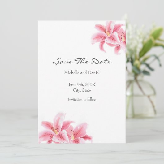 Roze Stargazer Lilies Save The Date (Staand voorkant)