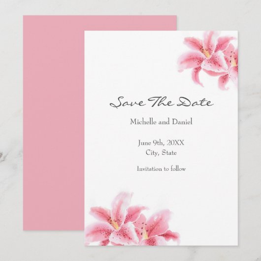 Roze Stargazer Lilies Save The Date (Voorkant / Achterkant)