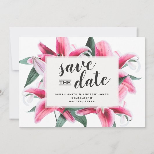 Roze Stargazer Lily Floral Sla de datumkaart op Save The Date (Voorkant)