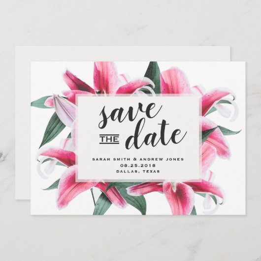 Roze Stargazer Lily Floral Sla de datumkaart op Save The Date (Voorkant / Achterkant)