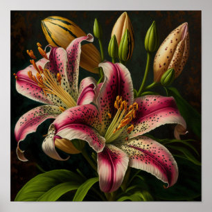 Roze Stargazer Lily Flowers Art Print Poster