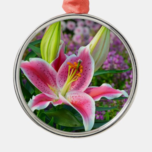 Roze stargazer lily print kerstversiering metalen ornament (Voorkant)