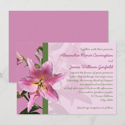Roze Stargazer Lily Wedding uitnodiging 3 (Voorkant / Achterkant)