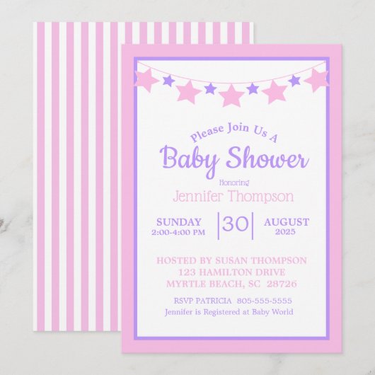 Roze Stars Girls Baby shower Uitnodiging (Voorkant / Achterkant)