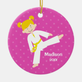 Roze Stars Taekwondo Blonde Girl gepersonaliseerd Keramisch Ornament