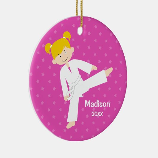 Roze Stars Taekwondo Blonde Girl gepersonaliseerd Keramisch Ornament (Rechts)