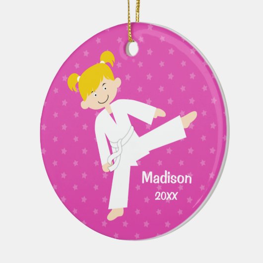 Roze Stars Taekwondo Blonde Girl gepersonaliseerd Keramisch Ornament (Links)