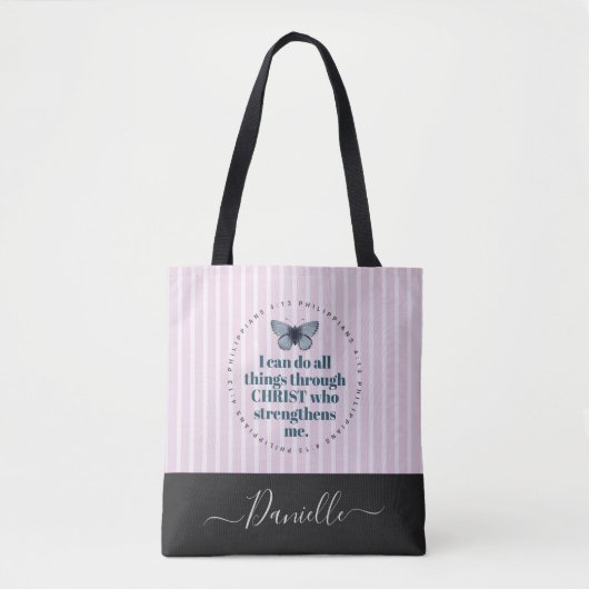 Roze staven van de Bijbel Verse Butterfly Naam Tote Bag (Voorkant)
