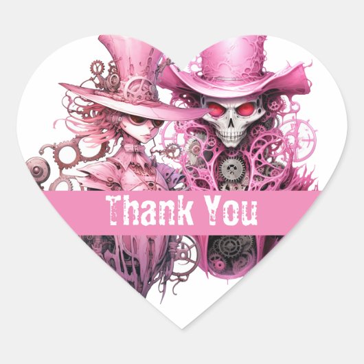 Roze Steampunk trouwskeletten Hart Sticker (Voorkant)