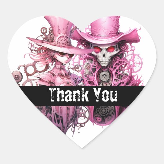 Roze Steampunk trouwskeletten Hart Sticker (Voorkant)