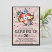 Roze steen en Roll Tattoo Baby shower Invitation Kaart (Staand voorkant)