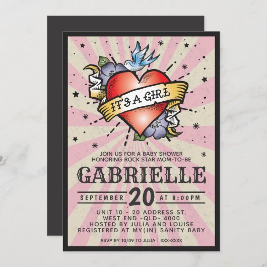 Roze steen en Roll Tattoo Baby shower Invitation Kaart (Voorkant / Achterkant)