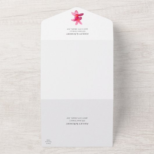 Roze stekelstaartbloemen op witte, moderne bruilof all in one uitnodiging (Buitenkant)