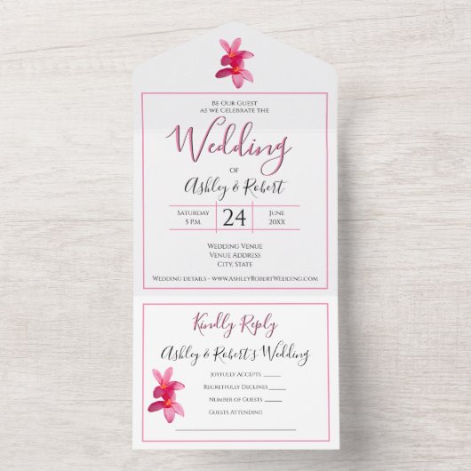 Roze stekelstaartbloemen op witte, moderne bruilof all in one uitnodiging (Binnen)