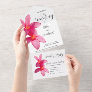 Roze stekelstokbloemen, tropisch, Floral Wedding All In One Uitnodiging