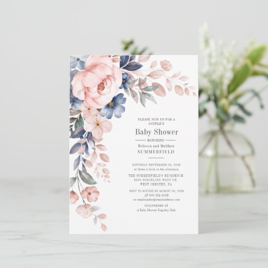 Roze stellen Baby shower Floral Blue Modern Kaart (Staand voorkant)