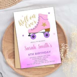 Roze ster Glitter Skating Birthday Invitations Kaart