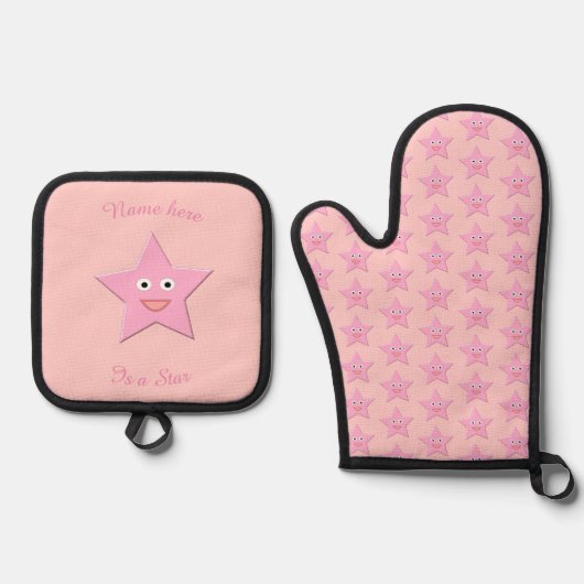  roze ster op maat ovenwant & pannenlap set (Voorkant)