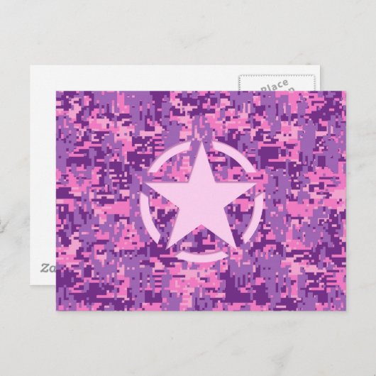 Roze sterdeco op digitale camo-stijl briefkaart (Voorkant / Achterkant)