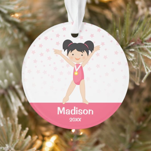 Roze sterren Black Hair Girl Gymnastics Personaliz Ornament (Boom)
