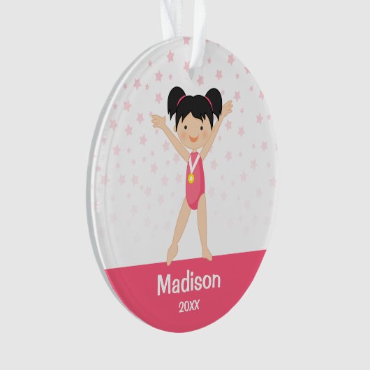 Roze sterren Black Hair Girl Gymnastics Personaliz Ornament (voorkant)