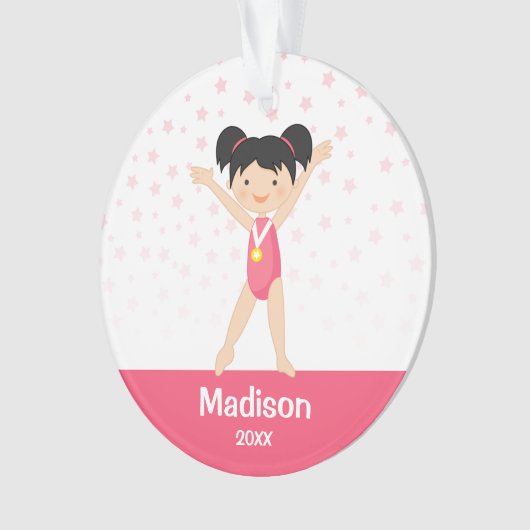 Roze sterren Black Hair Girl Gymnastics Personaliz Ornament (voorkant)