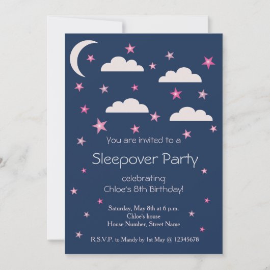 Roze sterren Clouds Blue Birthday Sleepover Party Kaart (Voorkant)