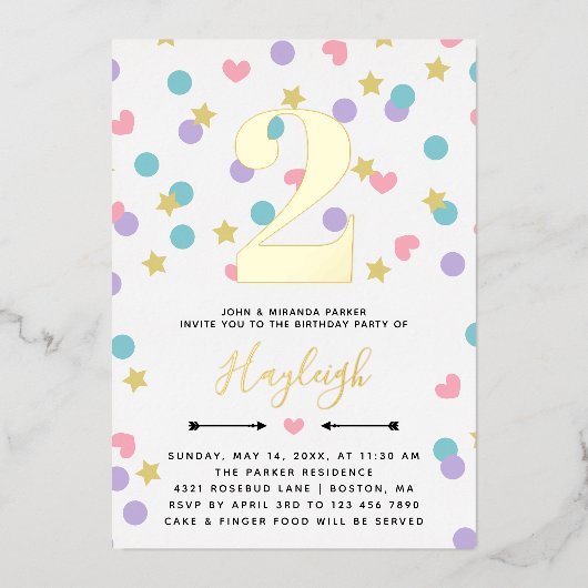 Roze sterren Confetti Toddler Kind Birthday Folie Uitnodiging (Voorkant)