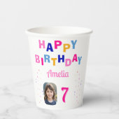 Roze Sterren Happy Birthday Party Meisje Foto Papieren Bekers (Voorkant)