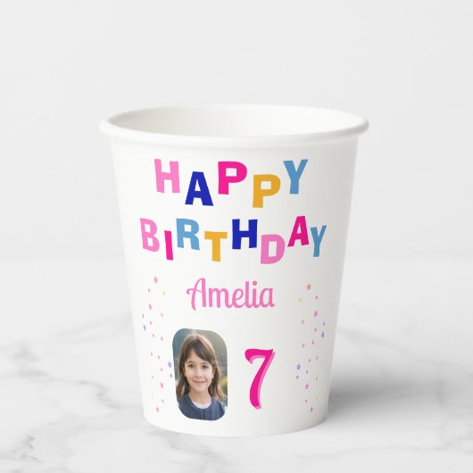 Roze Sterren Happy Birthday Party Meisje Foto Papieren Bekers (Voorkant)