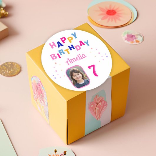 Roze Sterren Happy Birthday Party Meisje Foto Ronde Sticker