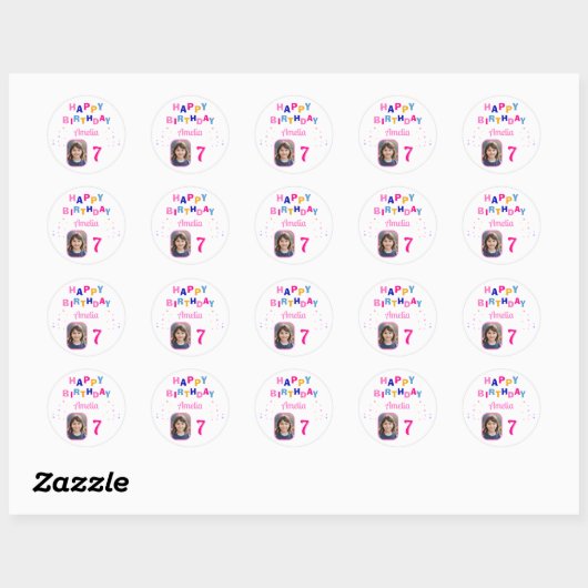 Roze Sterren Happy Birthday Party Meisje Foto Ronde Sticker (Vel)
