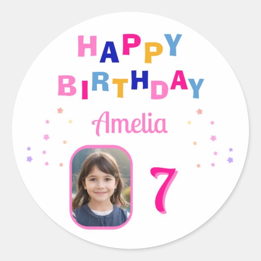 Roze Sterren Happy Birthday Party Meisje Foto Ronde Sticker (Voorkant)