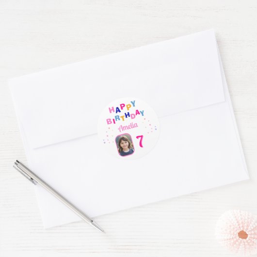 Roze Sterren Happy Birthday Party Meisje Foto Ronde Sticker (Envelop)
